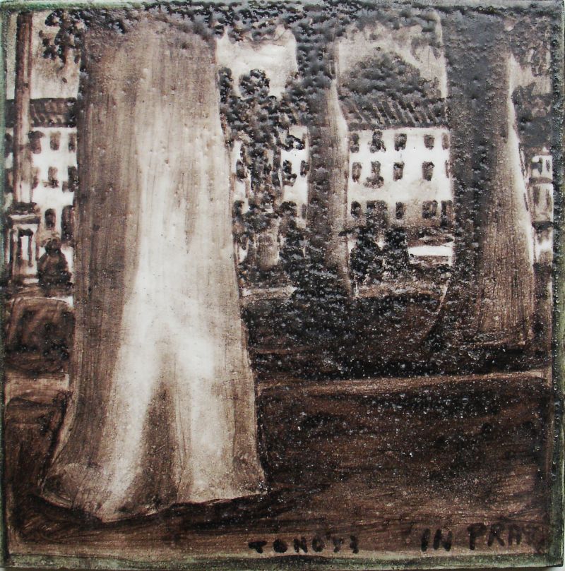In Pra', formella di terraglia dipinta e invetriata del 1953 dim. cm 15,5x15,5