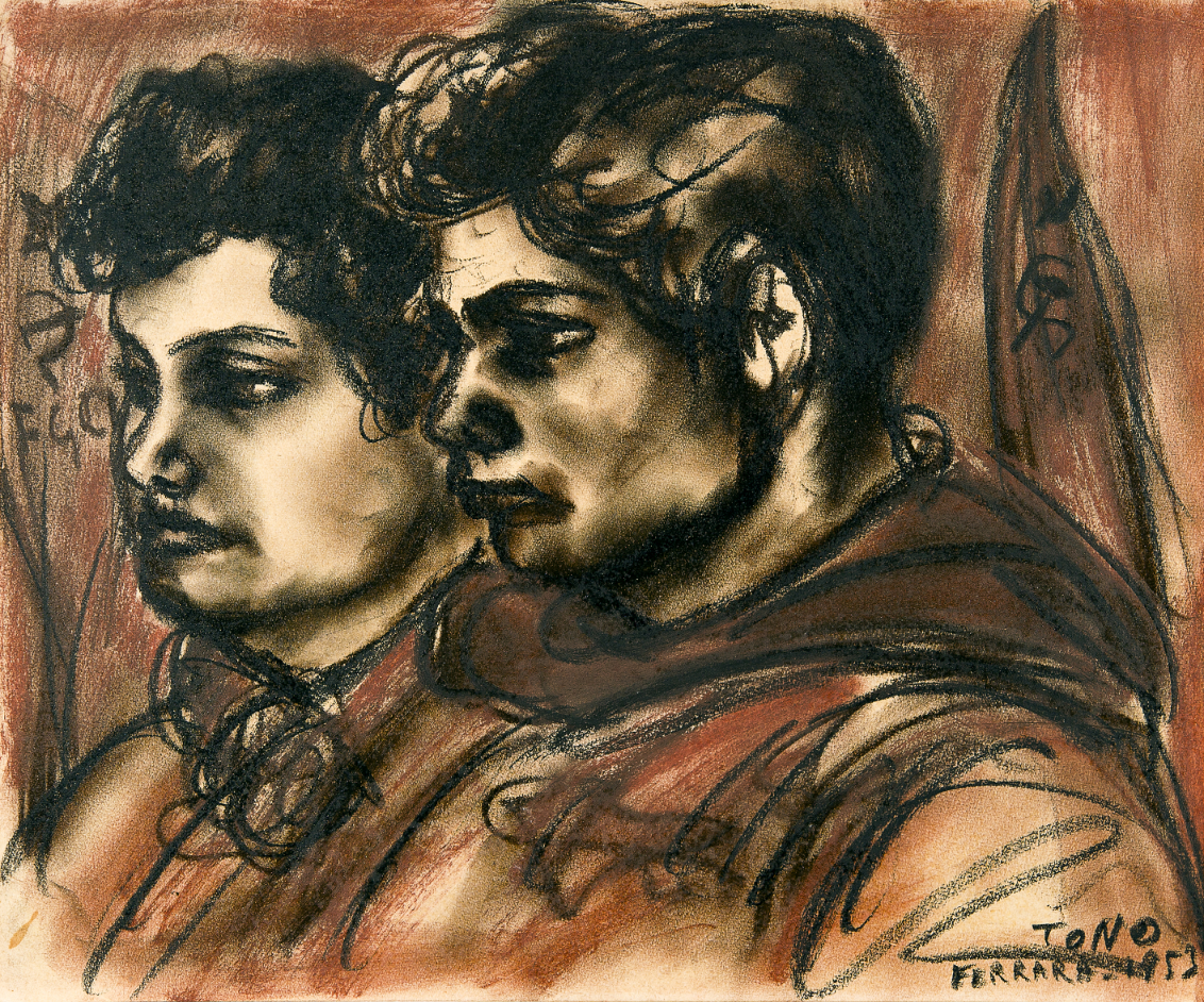 Giovani comunisti a congresso, carboncino e sanguigna del 1953, dim. cm 27 x 32,5