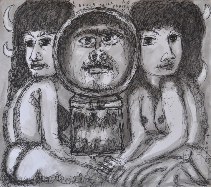 Roma: la Bocca della Verità china a tratto e pennello del 1985